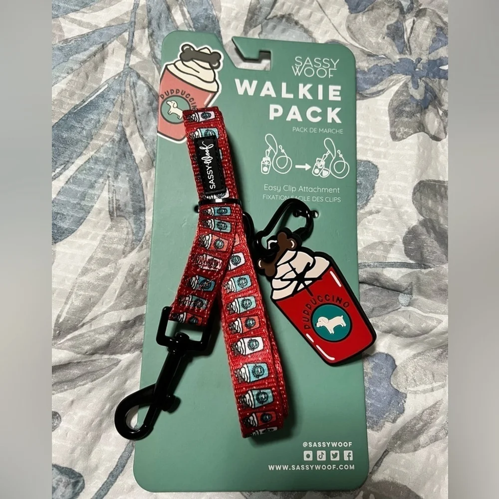 Sassy Woof Red Leash & Puppy Pal Combo (Leash & Poo bag holder) Puppachino NWT